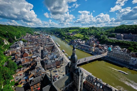 Aerial view of Dinant town, Collegiate Church of Notre Dame de Dinant, River Meuse and Pont Charles