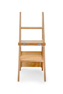 Foldable wooden chair transforming into stepladder on white background
