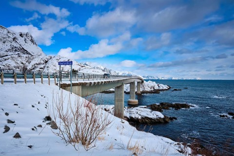 Djupfjordbrua Djupfjord Bridge over the fjord in winter. Moskenes, Nordland, Lofoten islands,