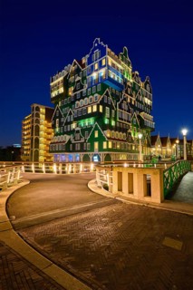 ZAANDAM, NETHERLANDS, MAY 8, 2017: Inntel Hotel in Zaandam illuminated at night. Design of