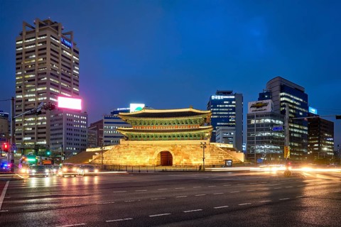 Seoul, South Korea, April 1, 2016 : Namdaemun Gate Sungnyemun at night with city traffic, Seoul,