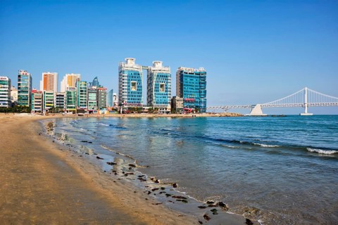 BUSAN, SOUTH KOREA, APRIL 11, 2017: Gwangalli Beach in Busan, a large port city in South Korea