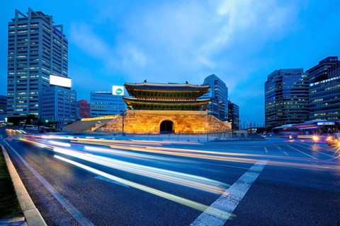 Seoul, South Korea, April 1, 2016 : Namdaemun Gate Sungnyemun at night with city traffic, Seoul,