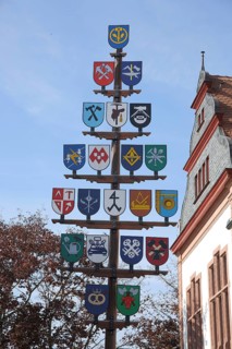 Maypole with guild signs at the town hall, symbols, profession, craftsmen historical, Lorsch, town