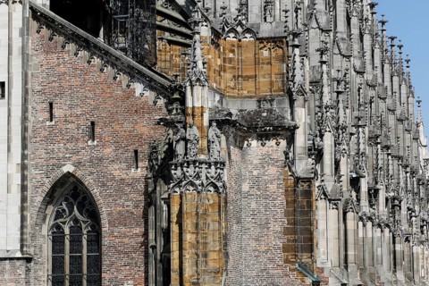 Ulm Cathedral, right west tower side, mythical creatures, stone figures, statues, left south side