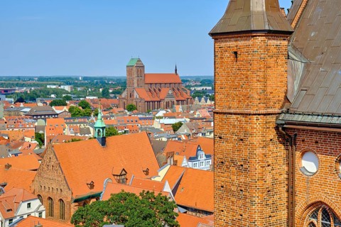 View from the viewing platform of the Georgenkirche over the Hanseatic city of Wismar,