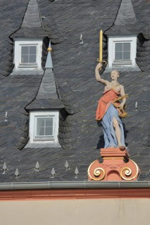 Justitia figure on the roof with dormers of the town hall, market place, Groß-Umstadt, Hesse,