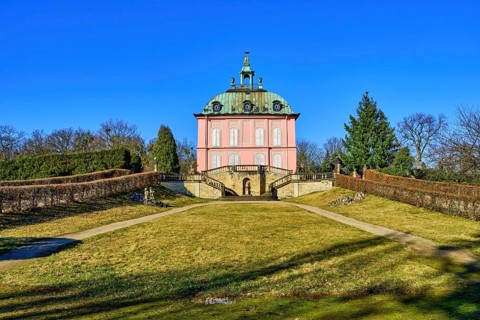 The little pheasant castle in the middle of the pheasantry of the Moritzburg castle park was built