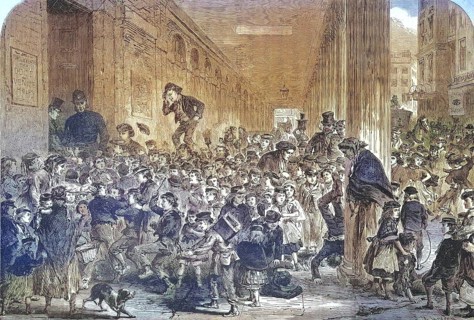 Crowd of children for the Christmas performance of the pantomime at the Drury-Lane Theatre, London,