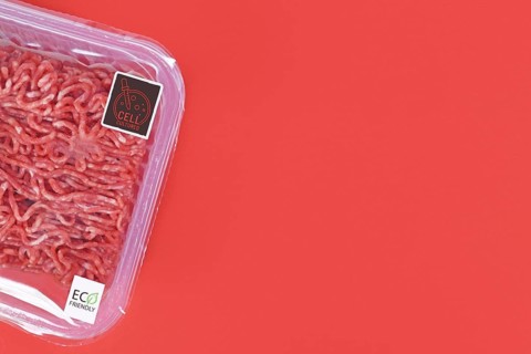 Cell cultured lab grown meat concept for artificial in vitro production with packed raw minced meat
