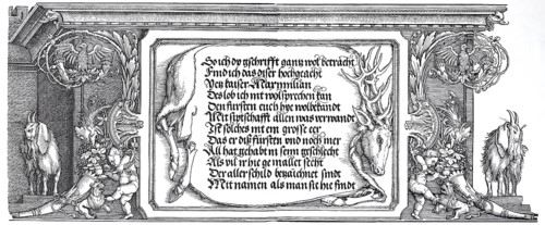 The triumphal arch for the emperor Maximilian, inscription tablet with the deer's skin, woodcut by