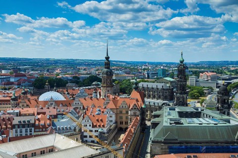View from the lantern of the Dresden Church of Our Lady, over the Residenzschloss Hofkirche and the