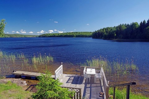 Idyllic white bench by a lake, bathing opportunity, Dalsland Canal, Bengtfors, Dalsland, Västra
