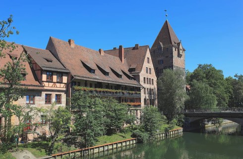 In the old town centre of Nuremberg, houses on the island of Schütt, Pegnitzinseln, Middle