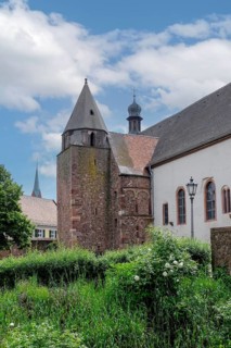 Romanesque bell tower, St Sebastian's Chapel, old town centre of Ladenburg, Baden-Württemberg, town