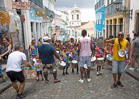 Traditional drumming group in the historic old town, Salvador, State of Bahia, Brazil, South