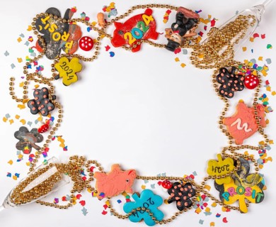 Lucky charms for New Year, frames, pigs, shamrocks, champagne glasses, white background, copy room