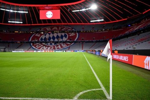 Overview interior Allianz Arena, empty, corner flag with logo FC Bayern Munich, scoreboard, Munich,