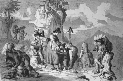 Goods carriers taking a break, on the way on an alpine pass in Tyrol in 1869, Austria, Historic,