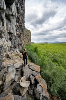 Tourist standing at the canyon, Asbyrgi Canyon, Lake Botnstjörn, lake at a cliff, Icelandic