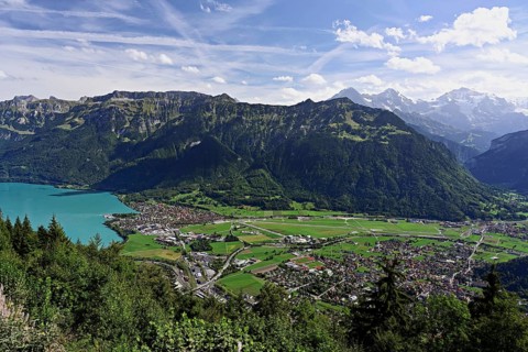 View of Lake Brienz from Harder Kulm, with Eiger, Mönch and Jungfrau in the background, Interlaken,