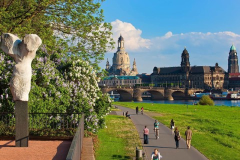 Dresden Silhouette View from Neustätter Elbufer to Dresden Old Town