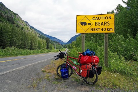 Bicycle standing in front of sign warning of crossing bears for the next 40 km, Stewart Cassiar