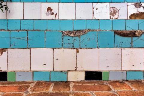 Broken wall in a swimming pool, cracks, wall tiles, dilapidated swimming pool, lost place, full