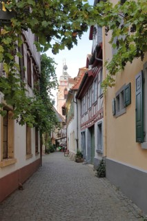 View through Metzgergasse to the collegiate church on the market square in Neustadt an der
