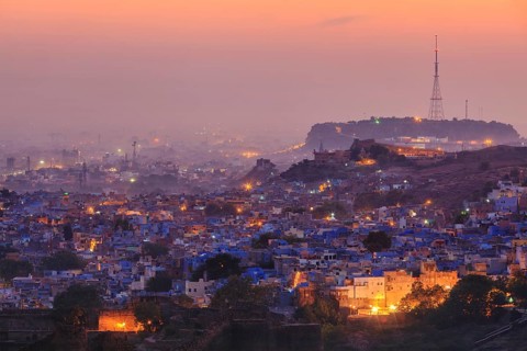 Aerial view of Jodhpur (aka Blue City due to the vivid blue-painted Brahmin houses around