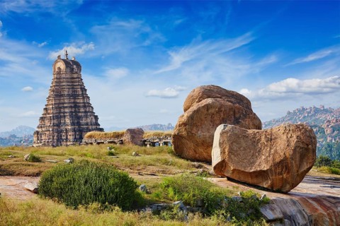 Gopura (or gopuram) tower of Virupaksha Temple. Hampi, Karnataka, India, Asia