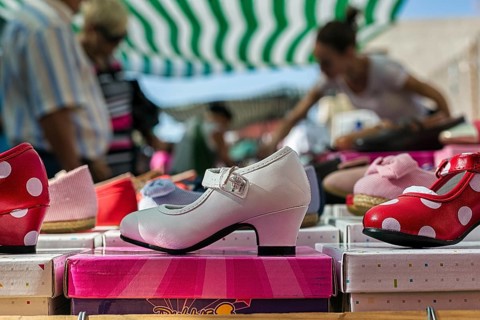 Flamenco shoes, typical market stall, weekly market market in Villaricos, Cuevas del Almanzora,