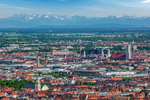 Aerial view of Munich center from Olympiaturm (Olympic Tower) . Munich, Bavaria, Germany, Europe