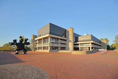 University Library with sculpture Sun Sign by Max Walter, 1977, Red Square, University, Hubland,