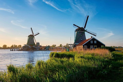Netherlands rural lanscape Windmills at famous tourist site Zaanse Schans in Holland. Zaandam,