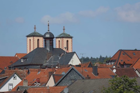 Roofs with St. Peter's Church and Town Hall, Gelnhausen, Hesse, Germany, Europe