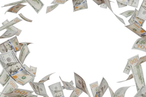 Border of falling one hundred dollar bills isolated on a white background