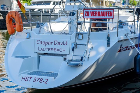 Sailing yacht with the inscription on the stern: Caspar David Lauterbach, for sale at the time of