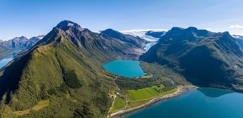 Glacier tongue of the Svartisen glacier with glacial lake and fjord, Helgeland coast, Nordland,
