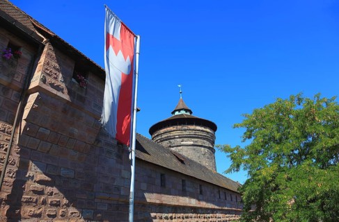 In the historic centre of Nuremberg, old city wall and Frauentorturm, Middle Franconia, Bavaria,