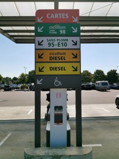 Petrol station, sign indicating the different types of fuel, at a motorway service station on the