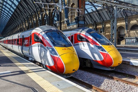 Azuma express trains of the London North Eastern Railway LNER at King's Cross station in London,