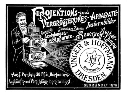 Advertisement of the company Unger und Hoffmann for projection devices and enlargers, lantern