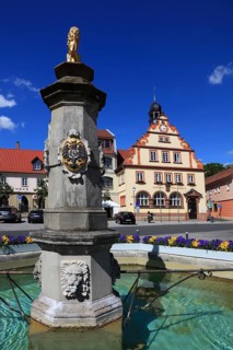 Town Hall and Market Fountain, Bad Rodach, Coburg County, Upper Franconia, Bavaria, Germany, Europe