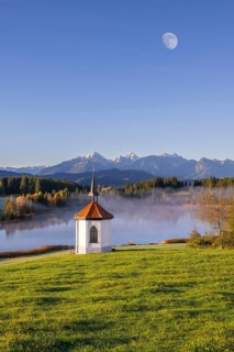Photomontage, chapel at Hegratsrieder See, near Füssen, moon, Allgäu Alps, Allgäu, Bavaria,