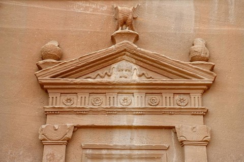 Detail of a Nabataean tomb at the rock Qasr Al-Bint, Hegra or Madain Salih, AlUla region, Medina