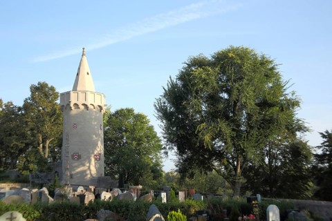 Cemetery with historic fortified defence tower, Seligenstadt, Main, Hesse, Germany, Europe