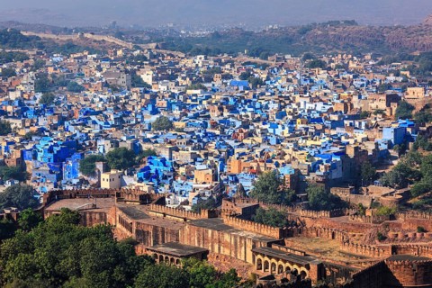 Aerial view of Jodhpur, also known as Blue City due to the vivid blue-painted Brahmin. View from
