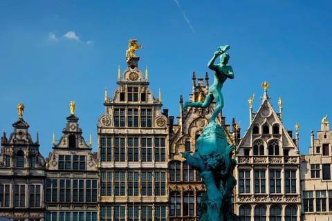 Antwerp row of 16th century old houses Monumental Guildhouses facades on Grote Markt square.