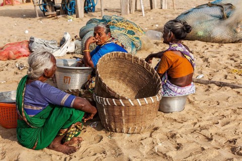 CHENNAI, INDIA, FEBRUARY 10, 2013: Local Indian women on Marina beach in Chennai. Marina beach is
